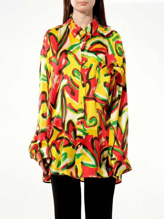 Image of a model wearing Tops. Productname: BALENCIAGA Scarf Flower Shirt in RED colour by brand - BALENCIAGA