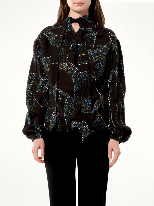 Image of a model wearing Tops. Productname: BALENCIAGA Crepe Shirt in BLACK colour by brand - BALENCIAGA