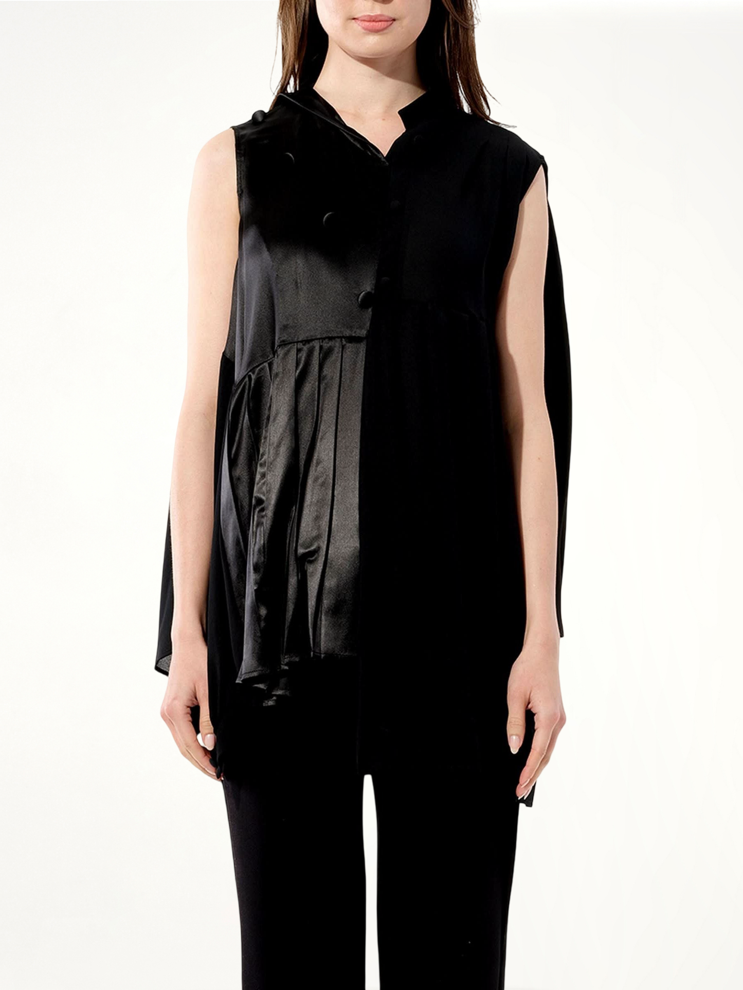 Image of a model wearing Tops. Productname: BALENCIAGA Georgette Top in BLACK colour by brand - BALENCIAGA