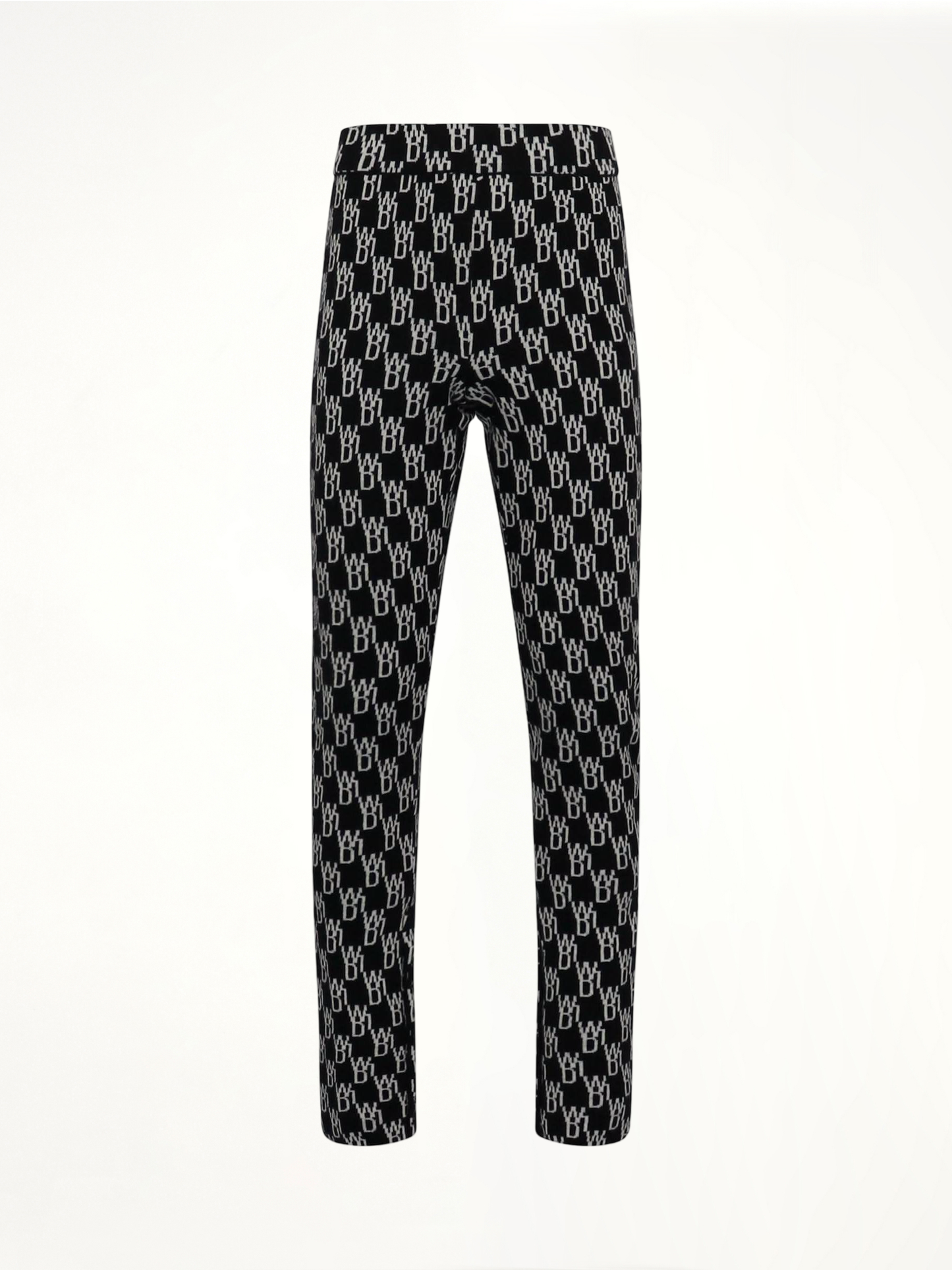 Image of a model wearing Pants. Productname: WE11DONE Fitted Knit Side Open Jacquard Trouser in Black colour by brand - WE11DONE