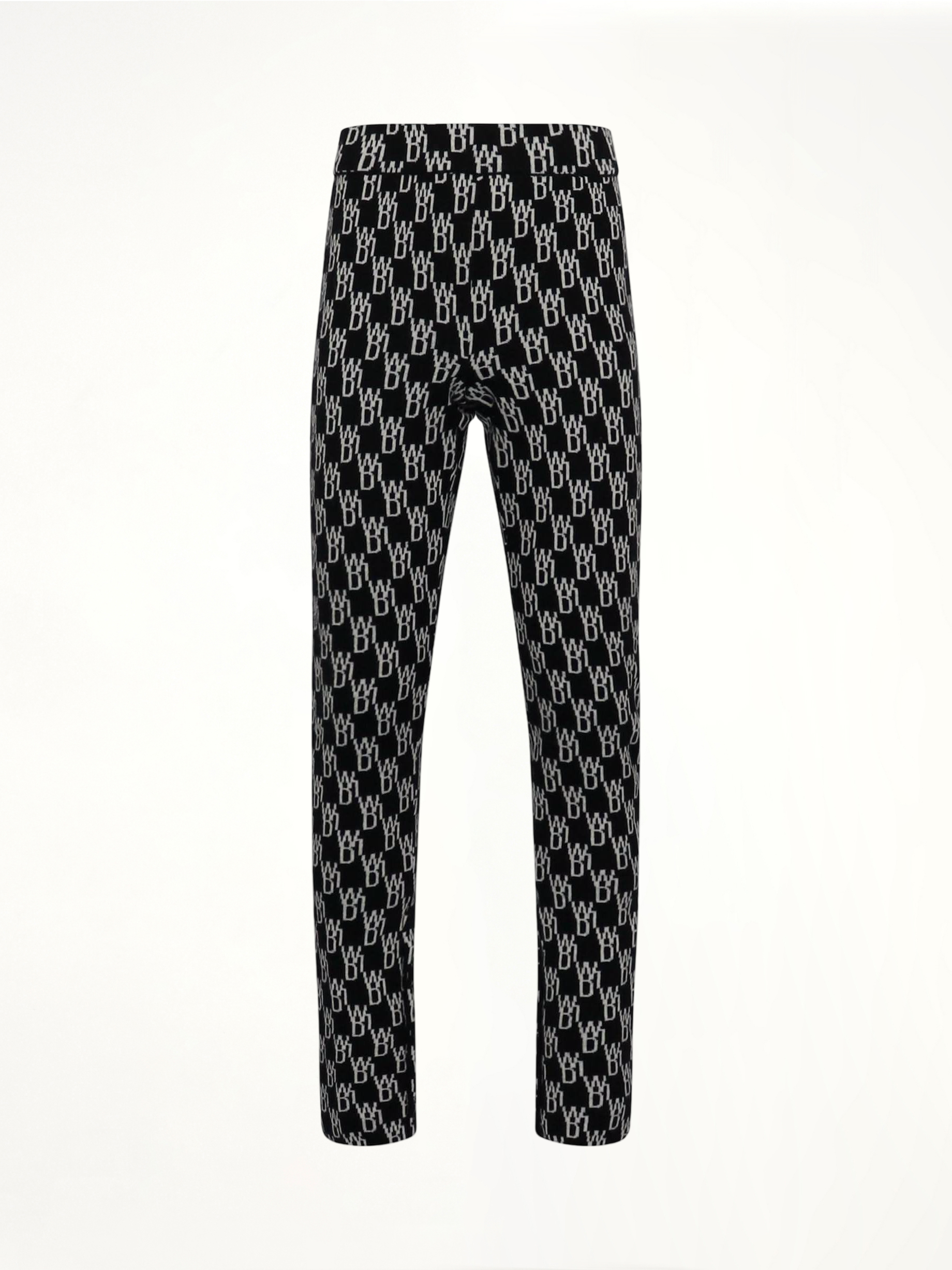 Image of a model wearing Pants. Productname: WE11DONE Fitted Knit Side Open Jacquard Trouser in Black colour by brand - WE11DONE