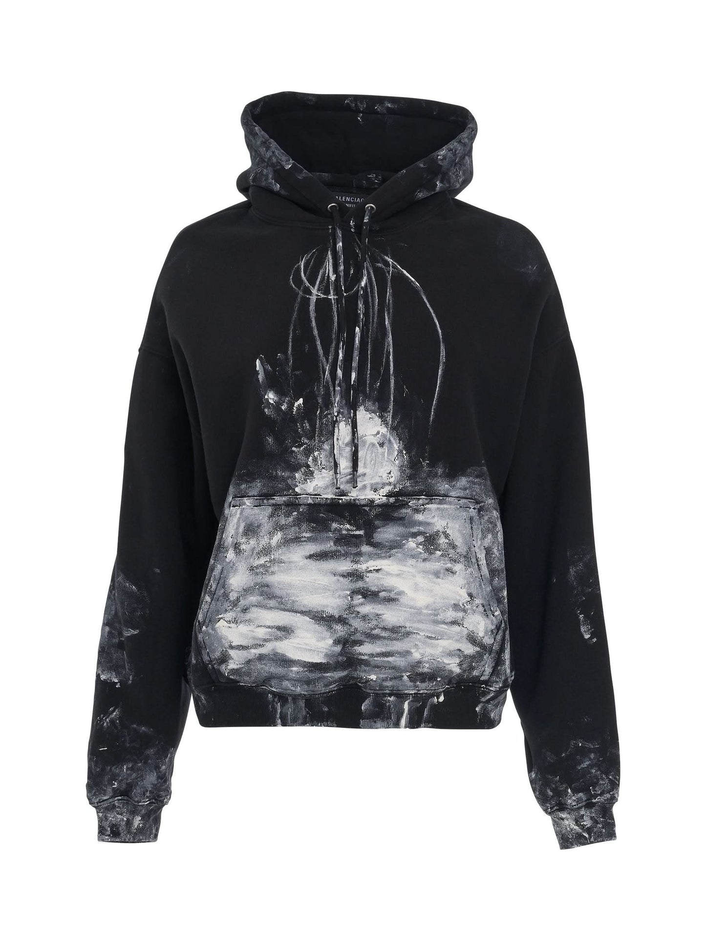 Image of a model wearing Outerwear. Productname: BALENCIAGA Painter Fitted Hoodie in Black colour by brand - BALENCIAGA
