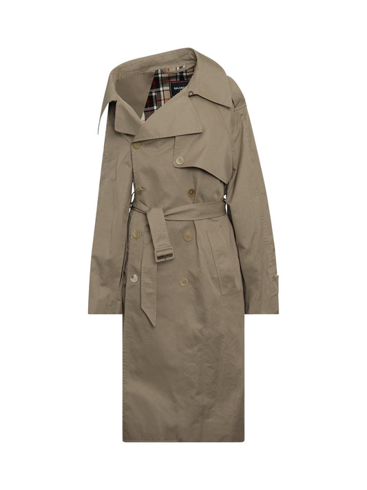 Image of a model wearing Outerwear. Productname: BALENCIAGA Off Shoulder Trench Coat in Beige colour by brand - BALENCIAGA