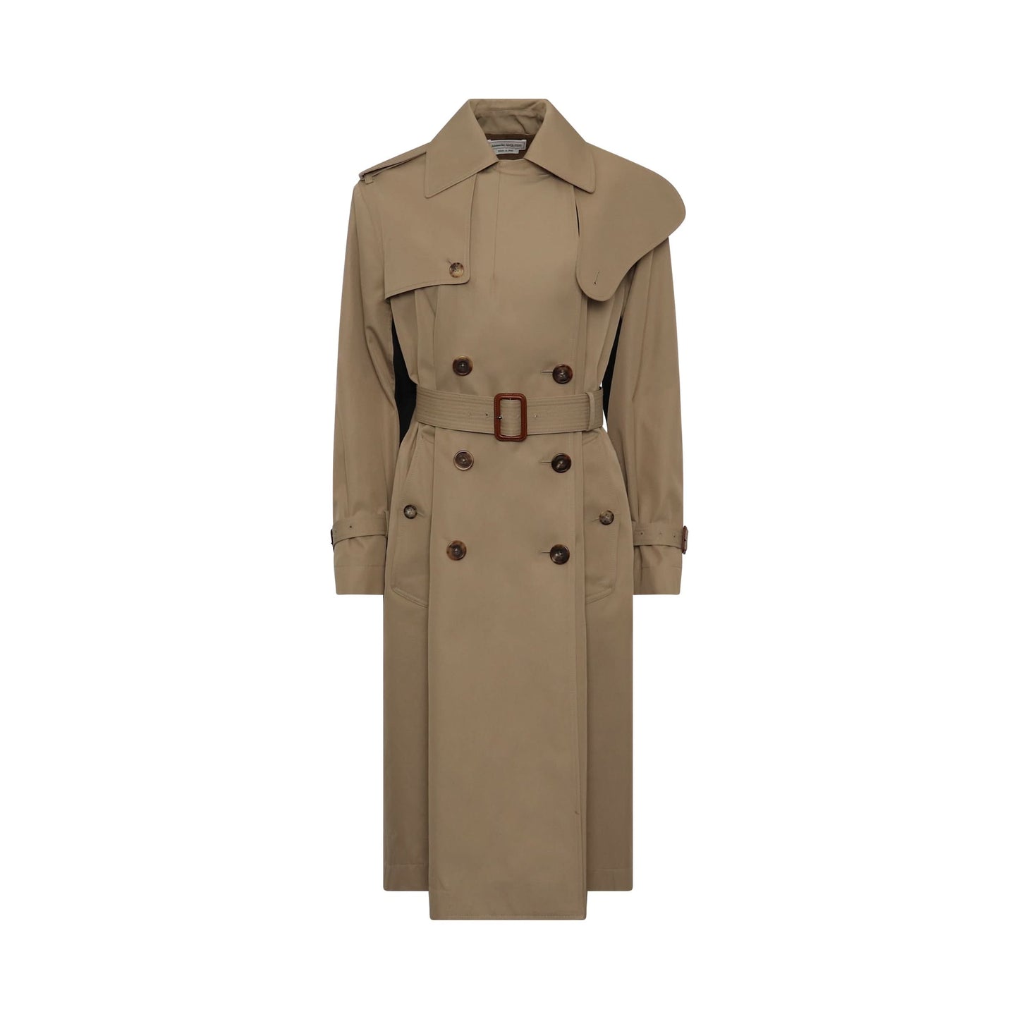 Image of a model wearing Outerwear. Productname: ALEXANDER McQUEEN Graffiti Trench Coat in Beige/Black colour by brand - ALEXANDER McQUEEN