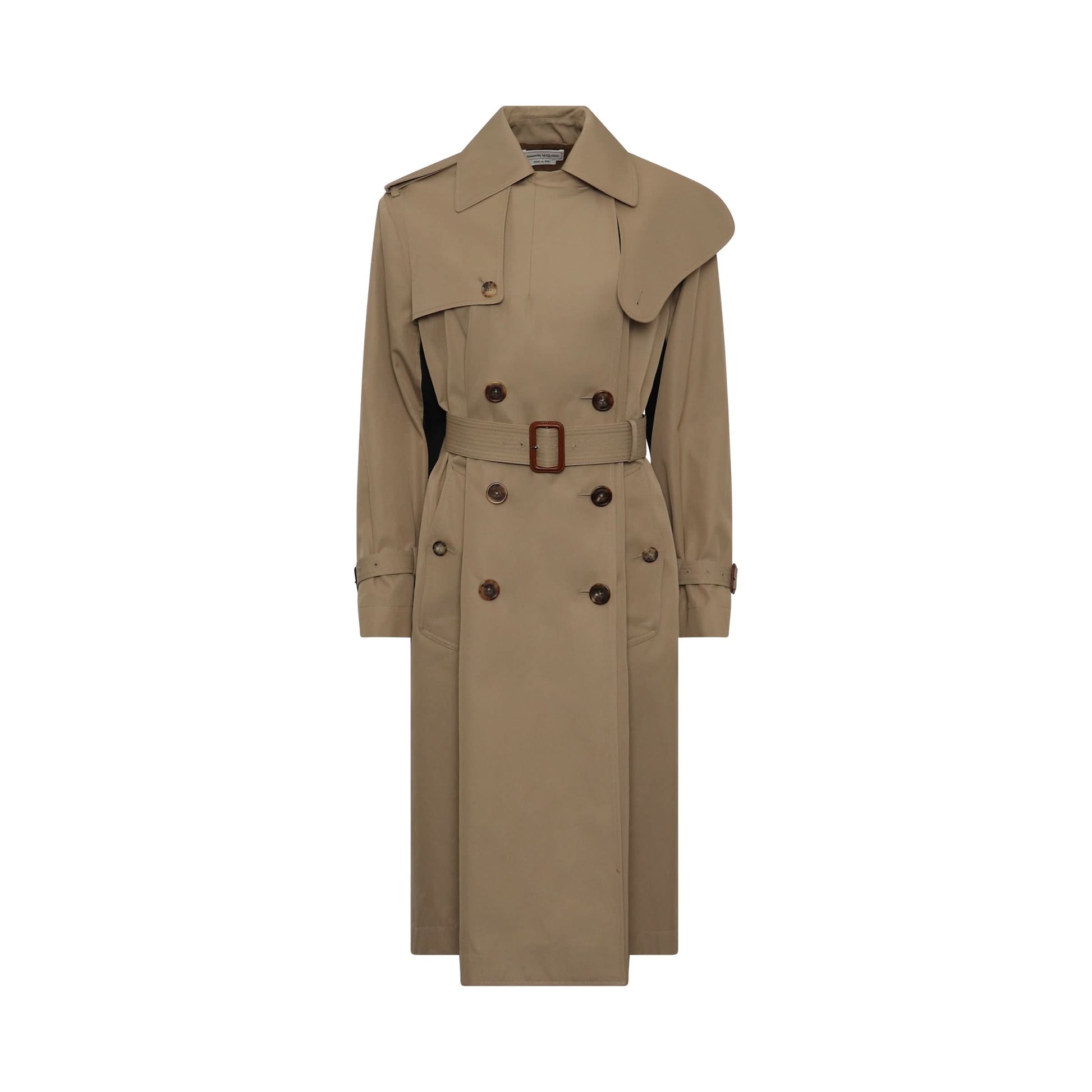 Image of a model wearing Outerwear. Productname: ALEXANDER McQUEEN Graffiti Trench Coat in Beige/Black colour by brand - ALEXANDER McQUEEN