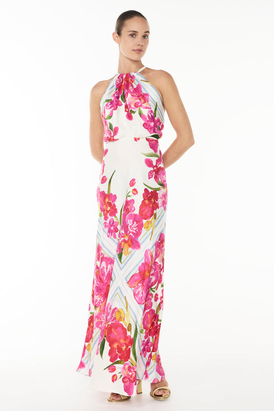 Image of a model wearing Tops. Productname: Take Me There Halter Dress in SCARF FLORAL colour by brand - Manning Cartell