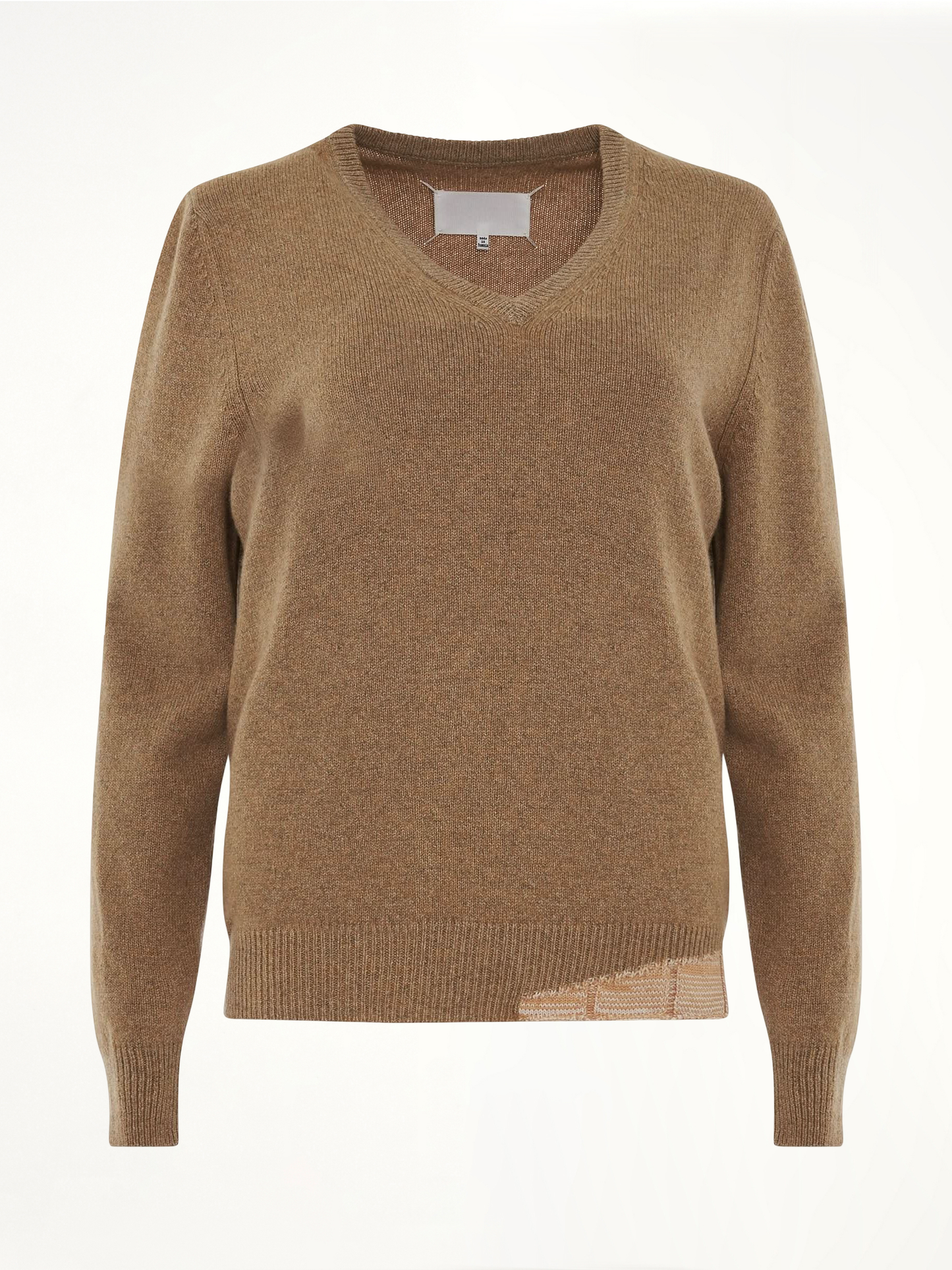 Image of a model wearing Outerwear. Productname: MAISON MARGIELA Knit V Neck Pullover in BEIGE colour by brand - MAISON MARGIELA