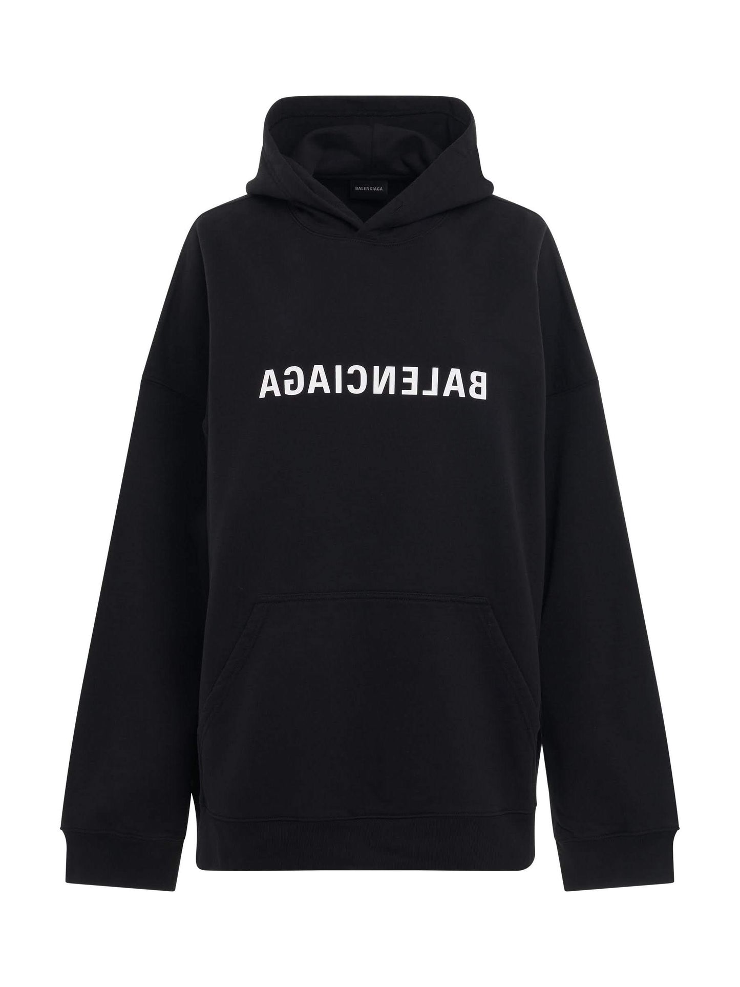 Image of a model wearing Outerwear. Productname: BALENCIAGA Mirror Print Wide Fit Hoodie in Black colour by brand - BALENCIAGA