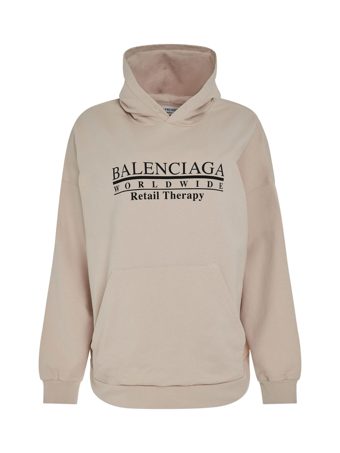 Image of a model wearing Outerwear. Productname: BALENCIAGA Retail Therapy Wide Fit Hoodie in Chalky Black colour by brand - BALENCIAGA