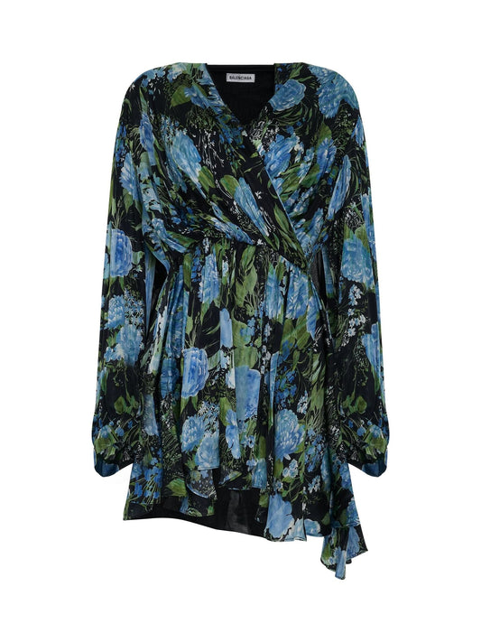 Image of a model wearing Dress. Productname: BALENCIAGA Wrap Baby Doll Dress in Blue colour by brand - BALENCIAGA