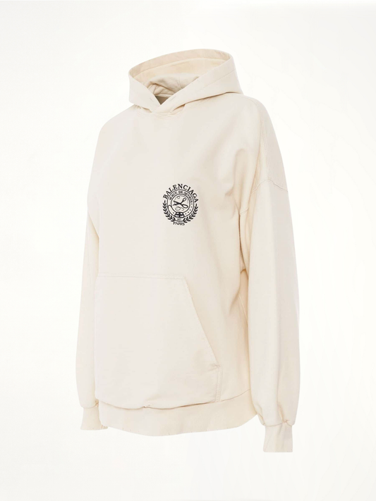 BALENCIAGA Scissors Crest Embroidered Wide Fit Hoodie (Cream)