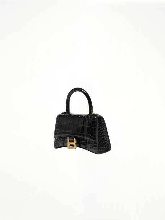 BALENCIAGA Hourglass XS Croco Embossed Bag (Black)