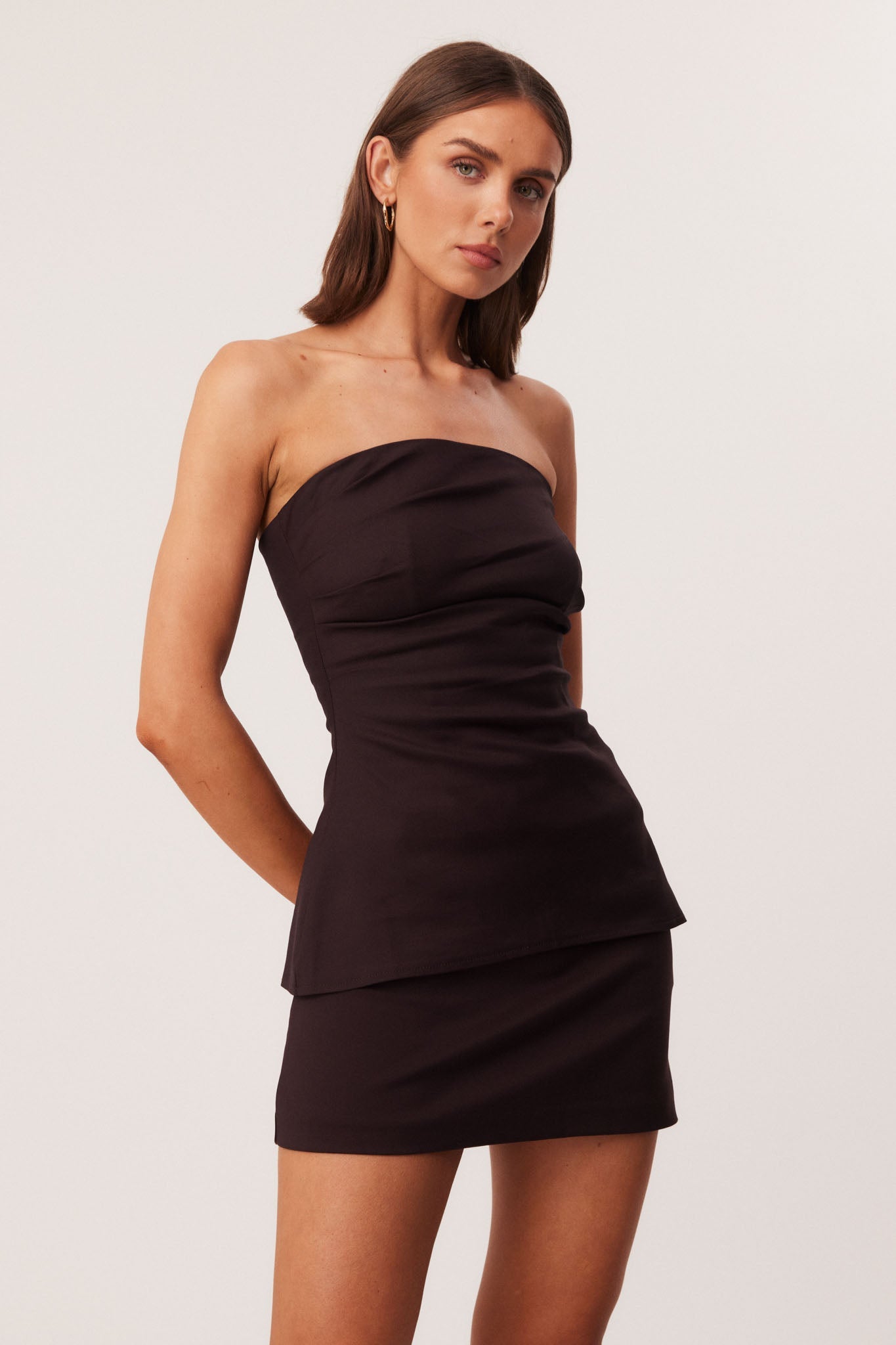 Image of a model wearing Tops. Productname: SNDYS MIMI LONGLINE TOP in Chocolate colour by brand - SNDYS