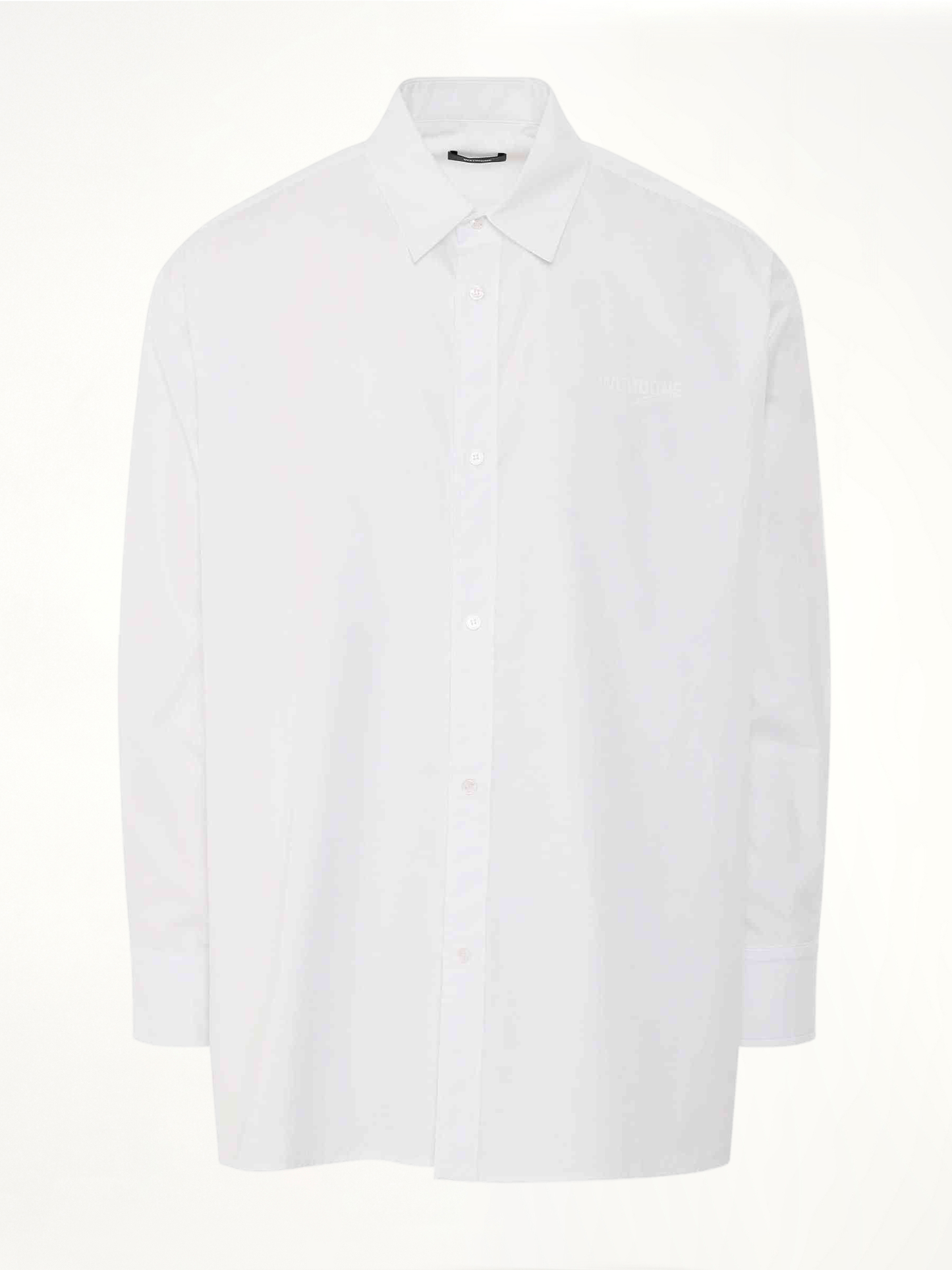Image of a model wearing Tops. Productname: WE11DONE 1506 Logo Print Cotton Shirt in White colour by brand - WE11DONE