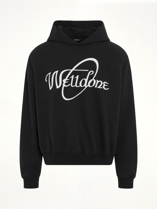 Image of a model wearing Outerwear. Productname: WE11DONE Cursive Circle Logo Hoodie in Black colour by brand - WE11DONE