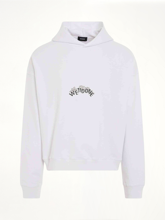 Image of a model wearing Outerwear. Productname: WE11DONE Layered Logo Hoodie in White colour by brand - WE11DONE