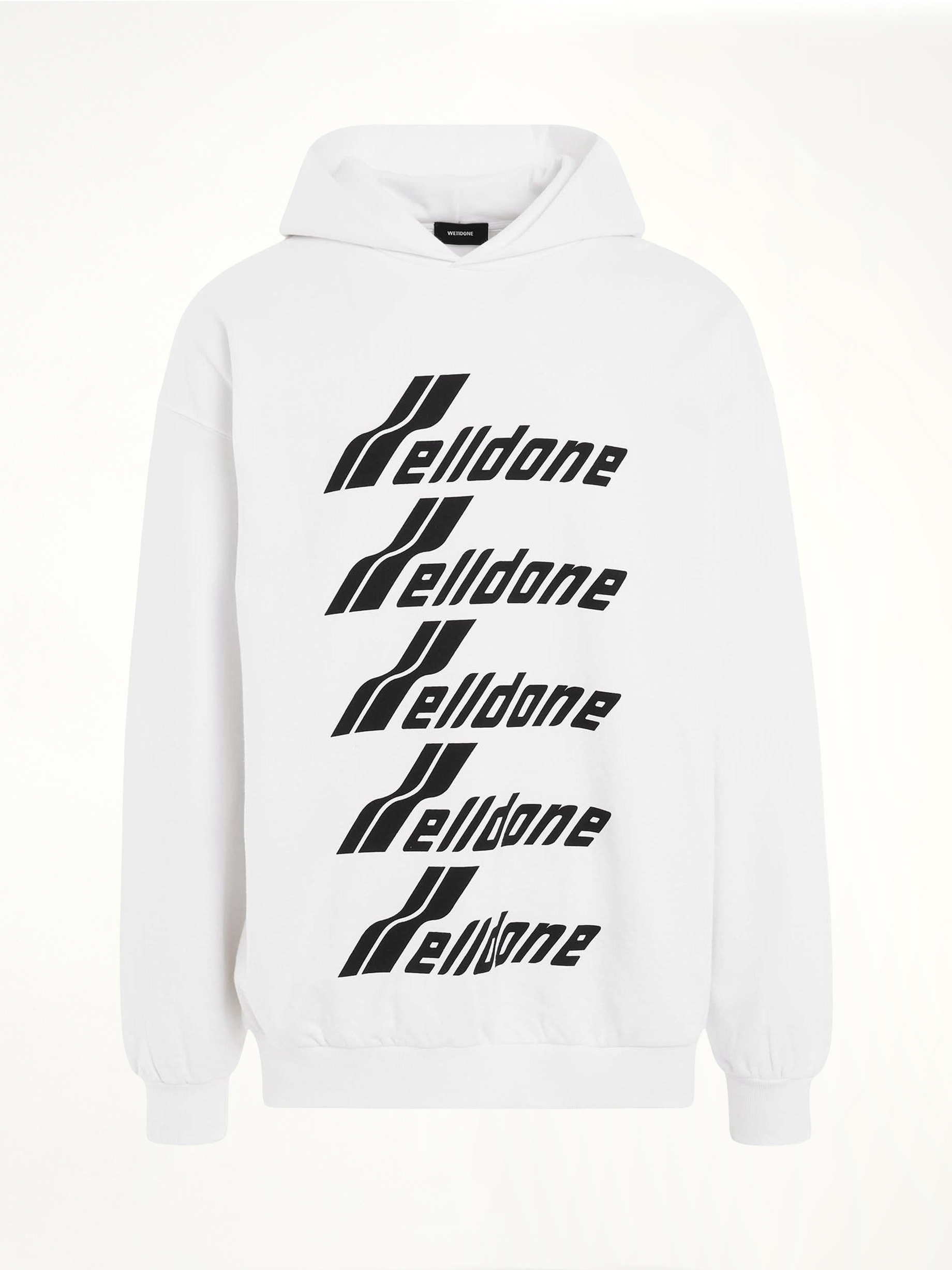 Image of a model wearing Outerwear. Productname: WE11DONE Multiple Front Logo Hoodie in White colour by brand - WE11DONE