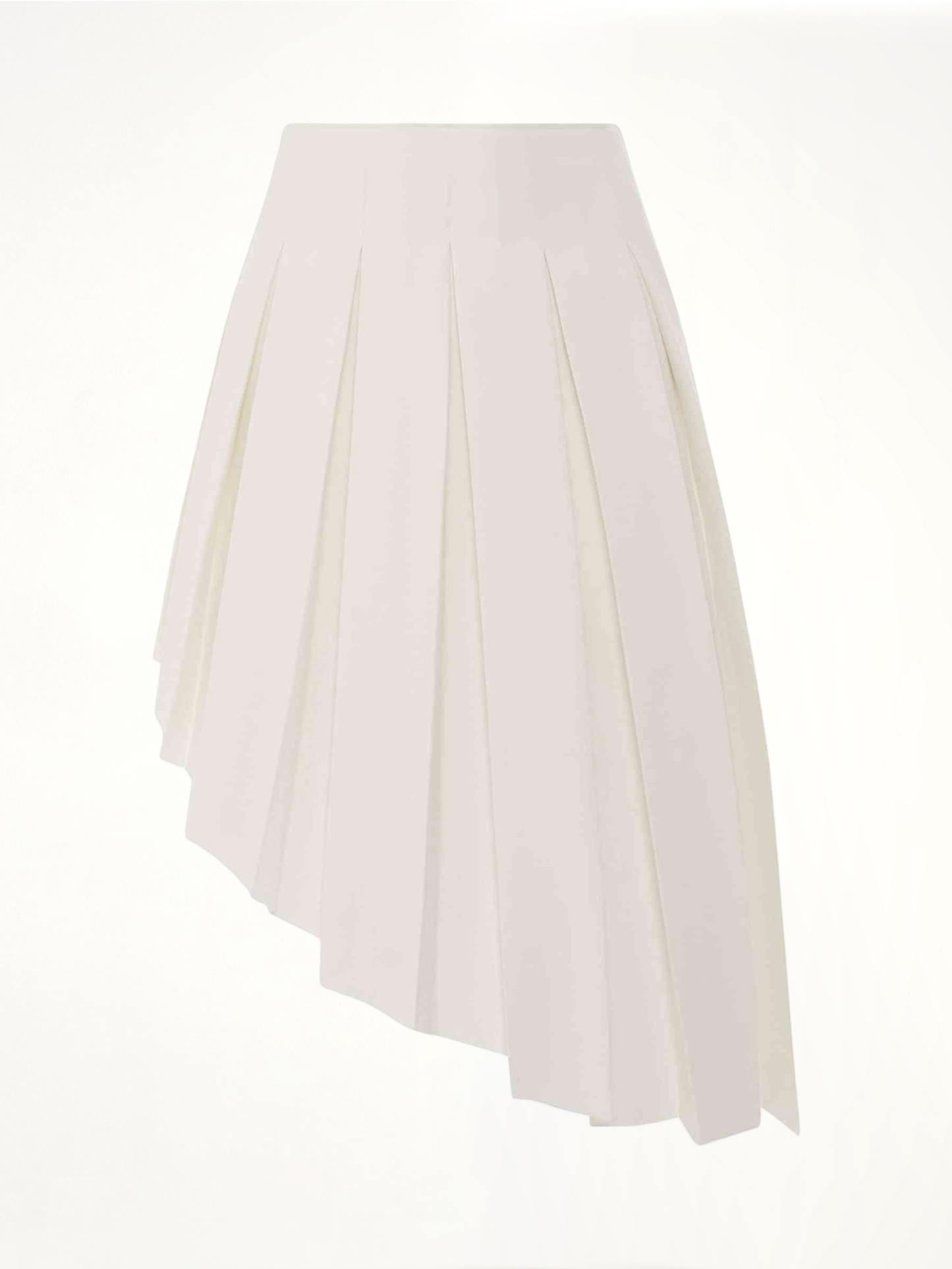 Image of a model wearing Skirts. Productname: WE11DONE Wool Asymmetrical Pleated Skirt in White colour by brand - WE11DONE