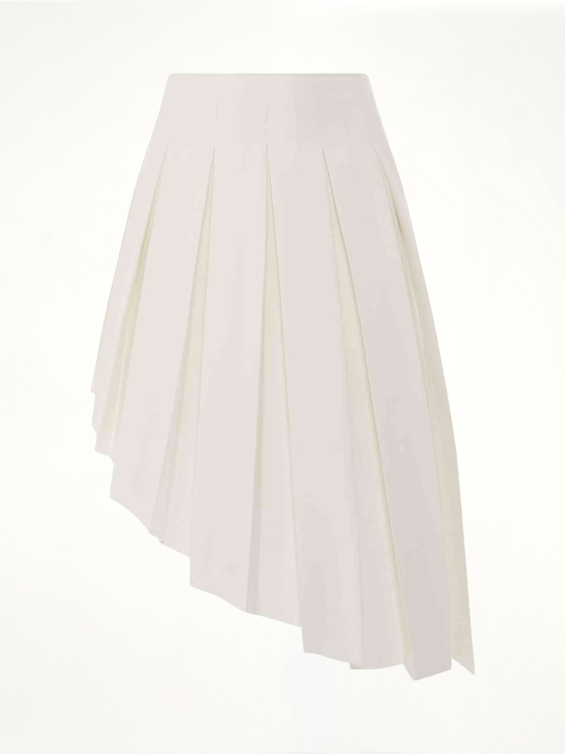 Image of a model wearing Skirts. Productname: WE11DONE Wool Asymmetrical Pleated Skirt in White colour by brand - WE11DONE