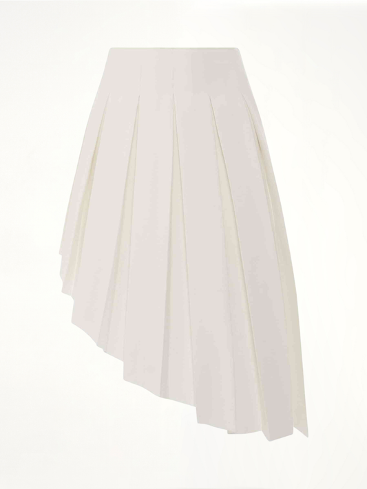 Image of a model wearing Skirts. Productname: WE11DONE Wool Asymmetrical Pleated Skirt in White colour by brand - WE11DONE