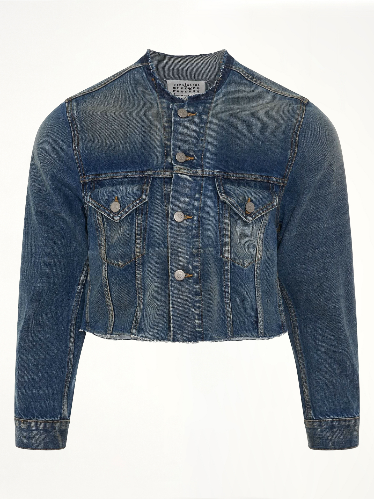 Image of a model wearing Outerwear. Productname: MAISON MARGIELA Cropped Collarless Denim Jacket in Blue colour by brand - MAISON MARGIELA