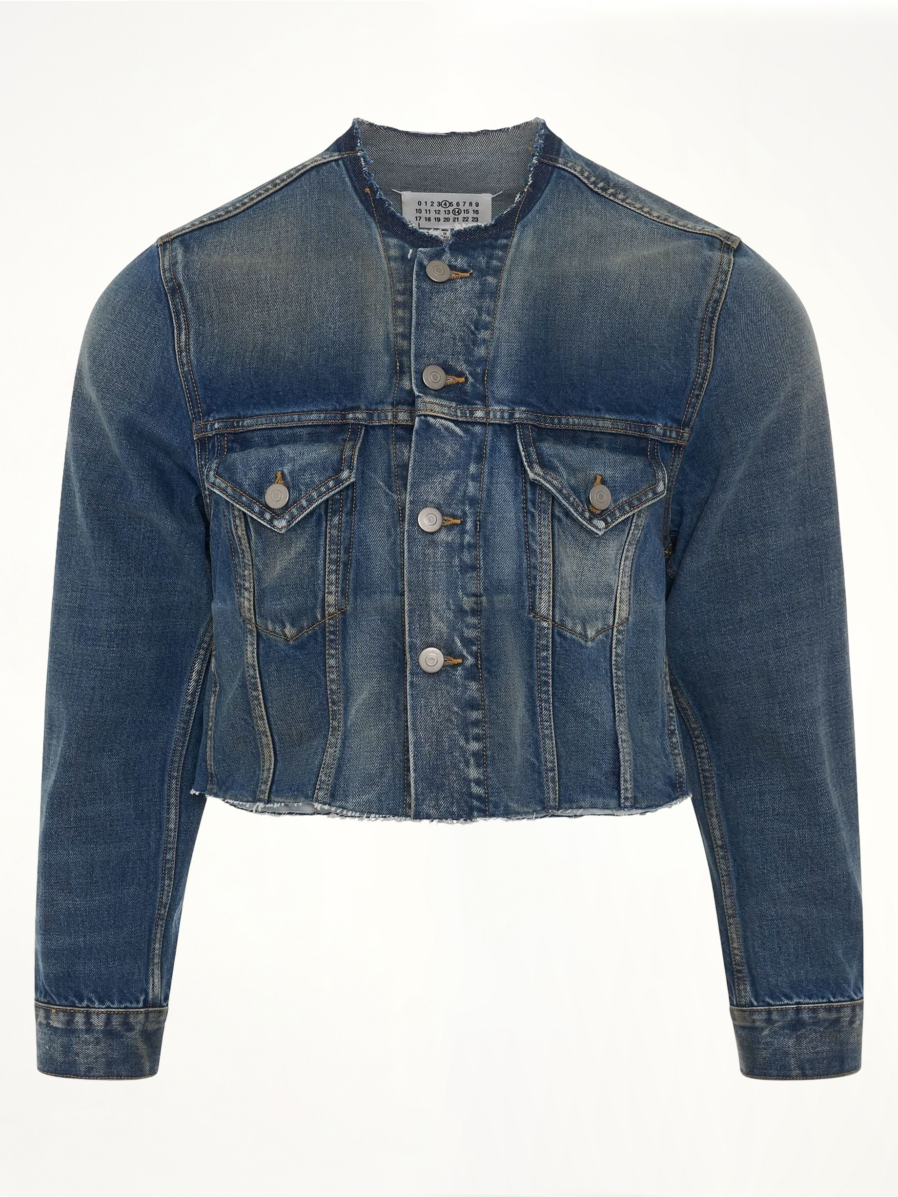 Image of a model wearing Outerwear. Productname: MAISON MARGIELA Cropped Collarless Denim Jacket in Blue colour by brand - MAISON MARGIELA