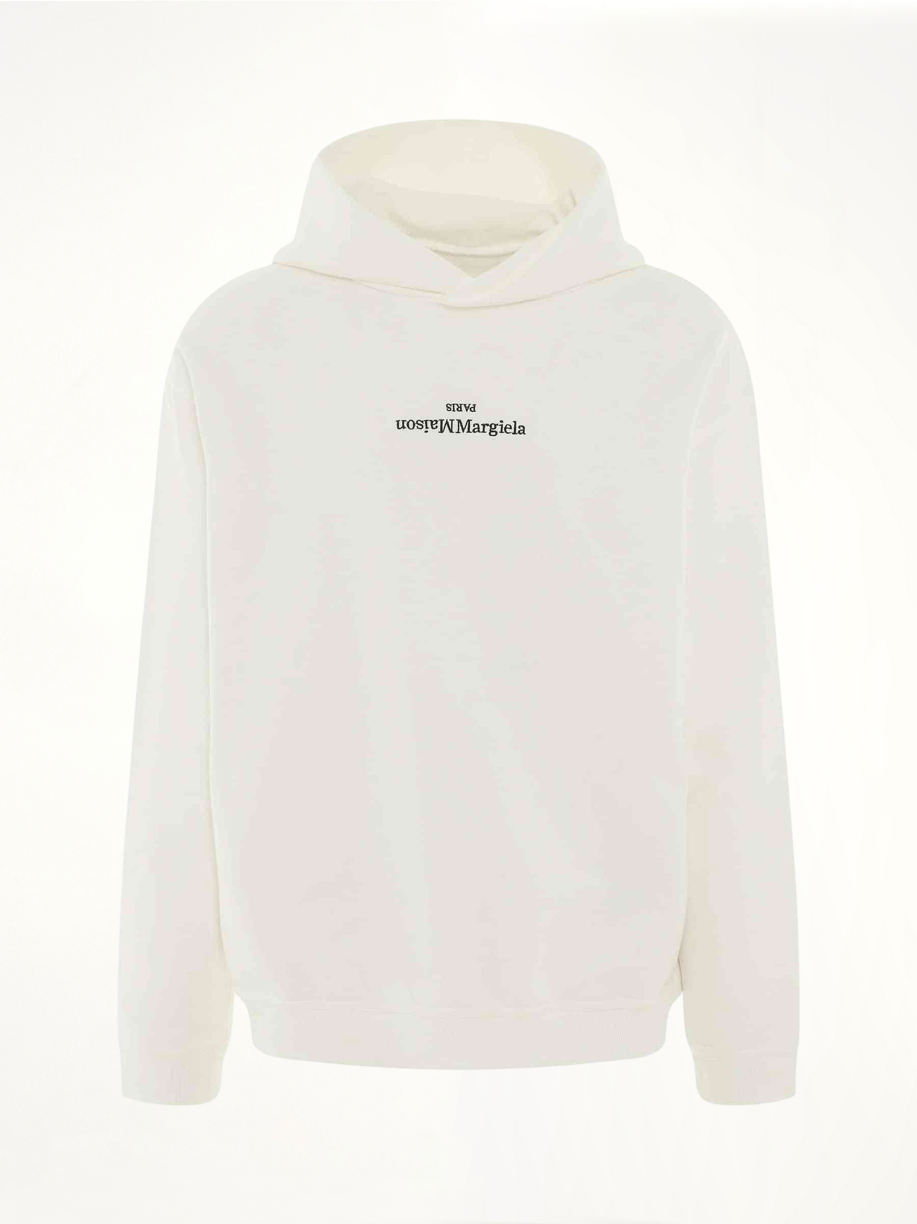 Image of a model wearing Outerwear. Product name - Upside Down Logo Hoodie in White colour by brand - MAISON MARGIELA