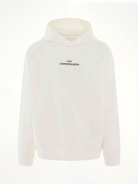 Image of a model wearing Outerwear. Product name - Upside Down Logo Hoodie in White colour by brand - MAISON MARGIELA
