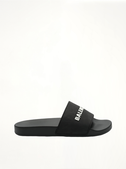 Image of Sandals. Productname: BALENCIAGA 3D Logo Rubber Pool Slide Sandal in Black colour by brand - BALENCIAGA