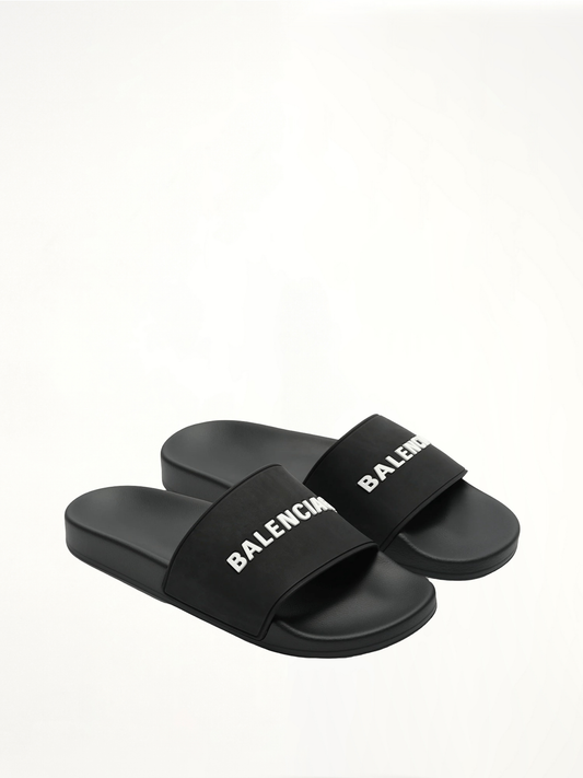 BALENCIAGA 3D Logo Rubber Pool Slide Sandal (Black)
