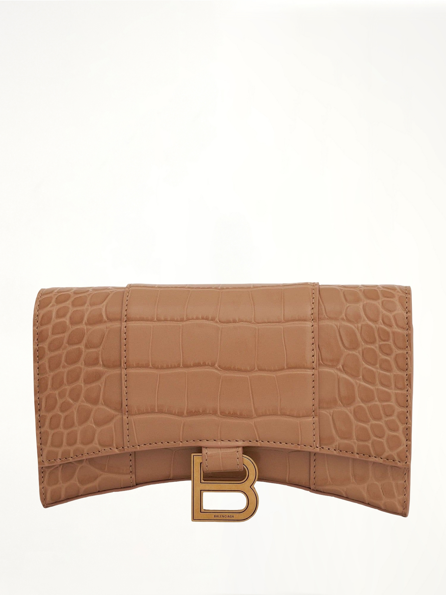 Image of Wallets & Money Clips. Productname: BALENCIAGA Hourglass Embossed Croc Wallet On Chain in Beige colour by brand - BALENCIAGA