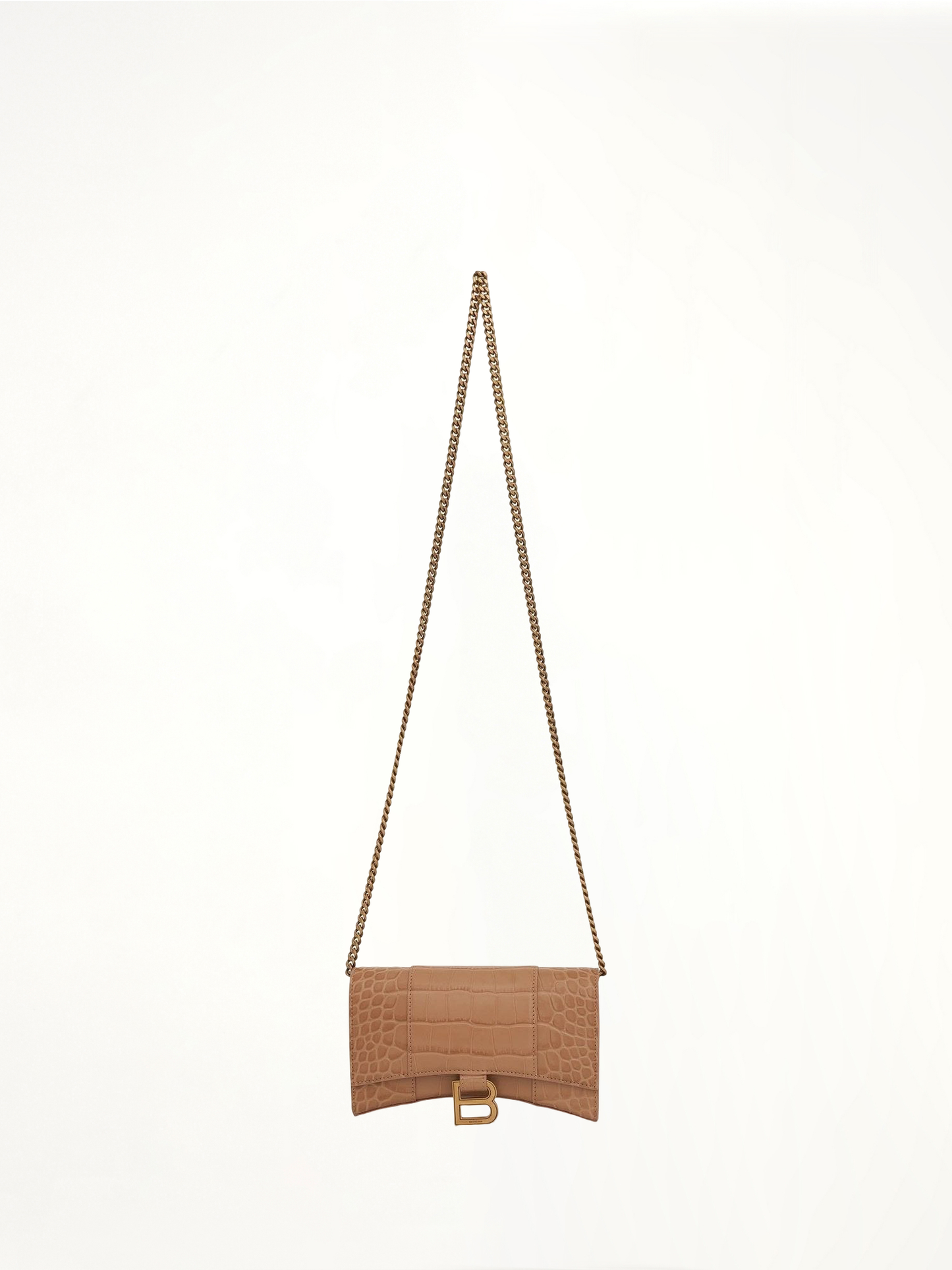 BALENCIAGA Hourglass Embossed Croc Wallet On Chain (Beige)