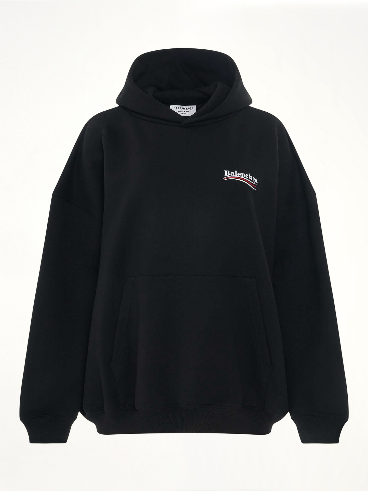 Image of a model wearing Outerwear. Productname: BALENCIAGA Embroidered Political Campaign Oversized Hoodie in Black colour by brand - BALENCIAGA