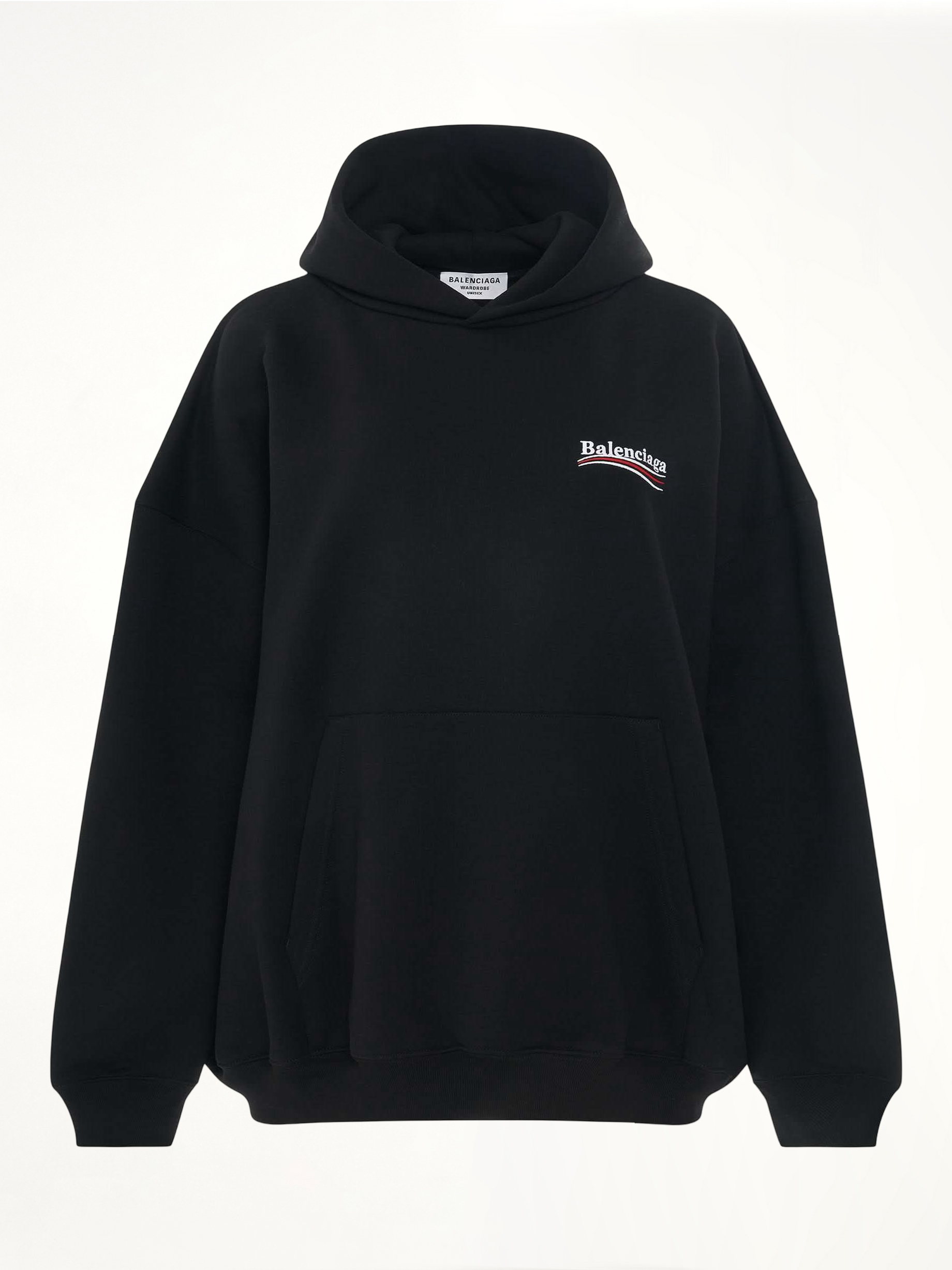 Image of a model wearing Outerwear. Productname: BALENCIAGA Embroidered Political Campaign Oversized Hoodie in Black colour by brand - BALENCIAGA