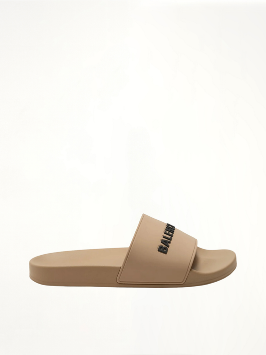 Image of Sandals. Productname: BALENCIAGA 3D Logo Pool Slide Sandal in Beige colour by brand - BALENCIAGA