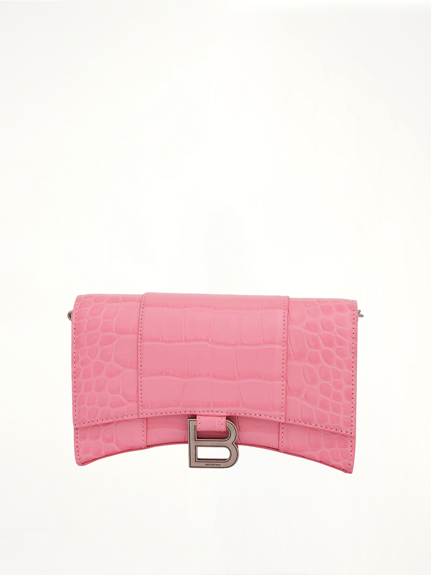 Image of Wallets & Money Clips. Productname: BALENCIAGA Hourglass Embossed Croco Wallet On Chain in PINK colour by brand - BALENCIAGA
