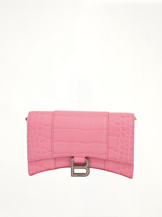 Image of Wallets & Money Clips. Productname: BALENCIAGA Hourglass Embossed Croco Wallet On Chain in PINK colour by brand - BALENCIAGA