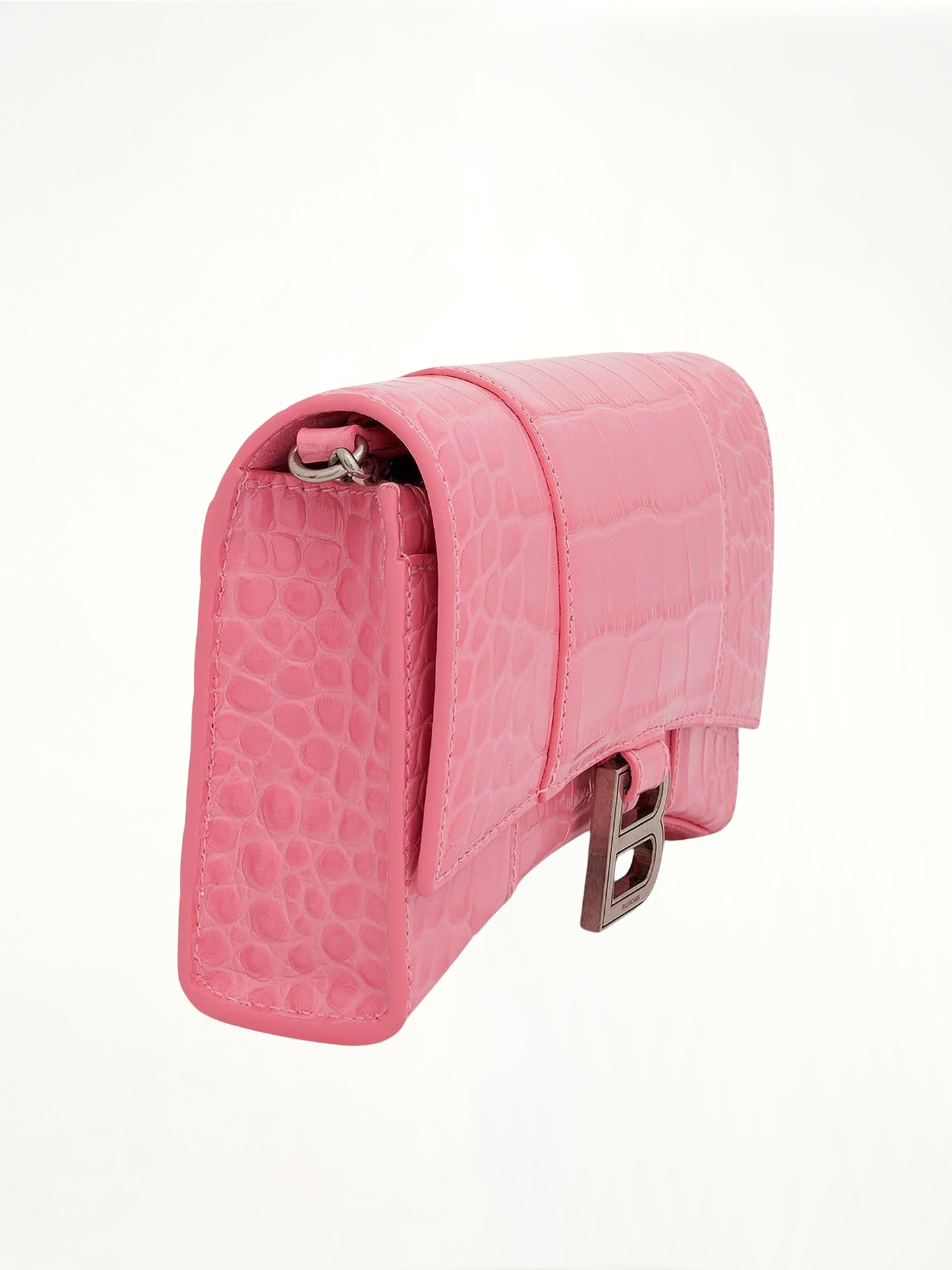 BALENCIAGA Hourglass Embossed Croco Wallet On Chain (Pink)