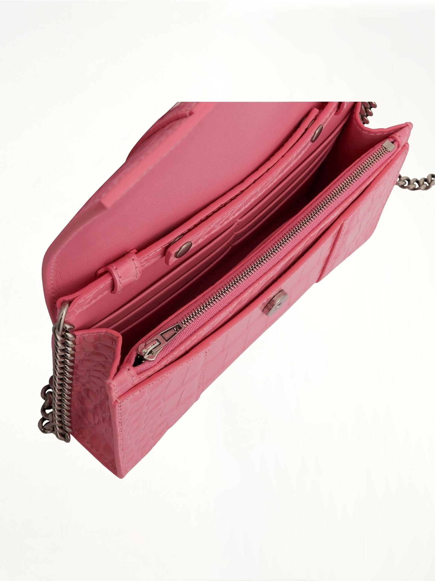 BALENCIAGA Hourglass Embossed Croco Wallet On Chain (Pink)