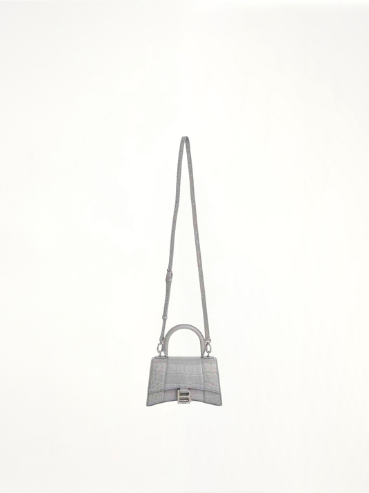 Image of Bags. Productname: BALENCIAGA Hourglass XS Croco Embossed Bag in Grey colour by brand - BALENCIAGA