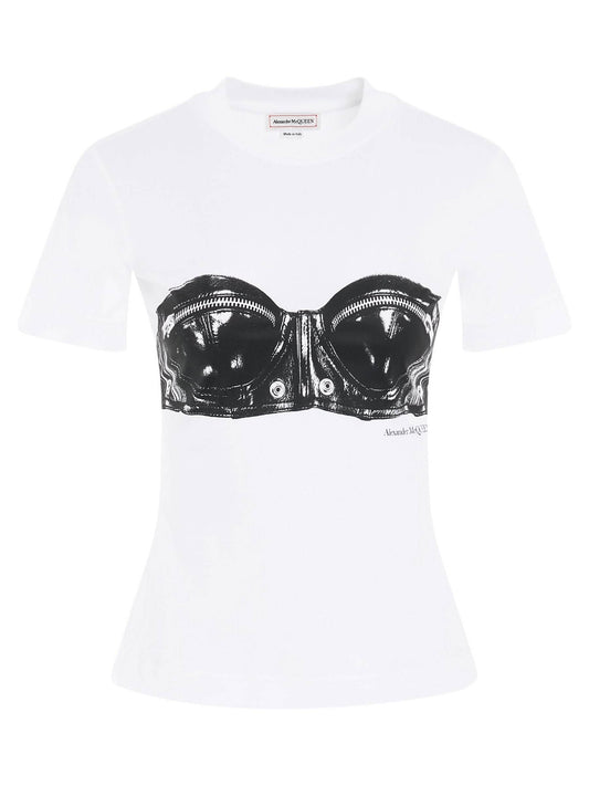 Image of a model wearing Tops. Productname: ALEXANDER MCQUEEN Bra Bustier Print Fitted T-Shirt in WHITE colour by brand - ALEXANDER MCQUEEN