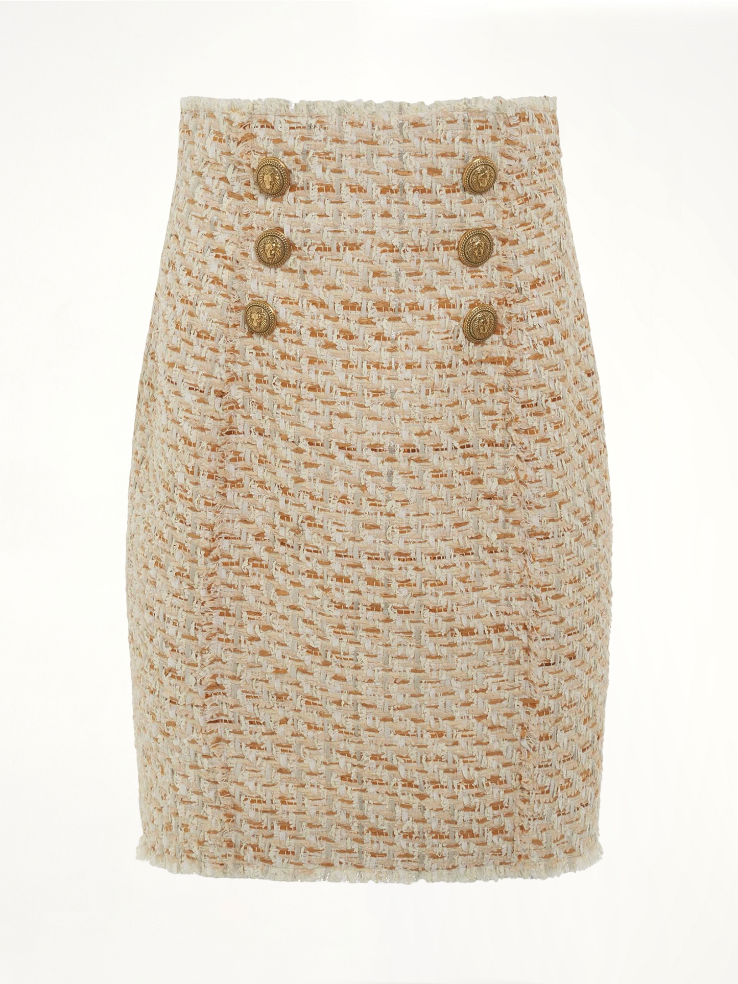 Image of a model wearing Skirts. Productname: BALMAIN High Waisted 6 Button Tweed Short Skirt in BEIGE colour by brand - BALMAIN