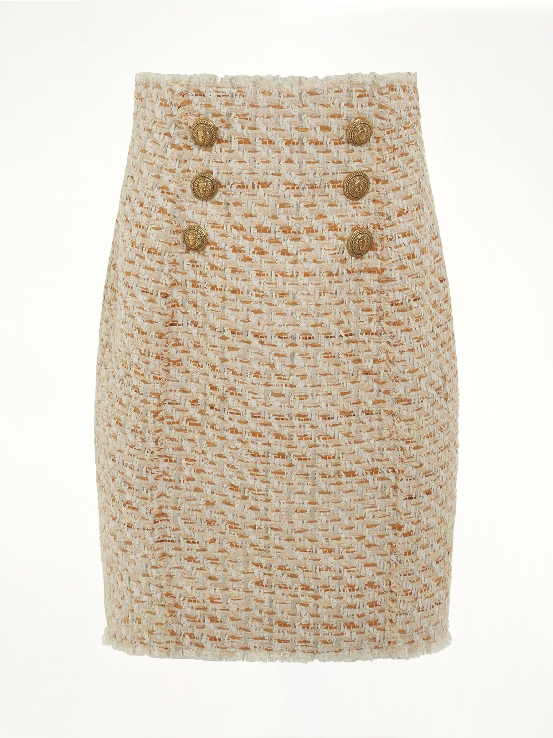 Image of a model wearing Skirts. Productname: BALMAIN High Waisted 6 Button Tweed Short Skirt in BEIGE colour by brand - BALMAIN