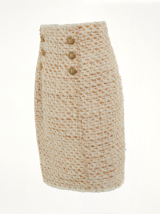 BALMAIN High Waisted 6 Button Tweed Short Skirt (Beige)