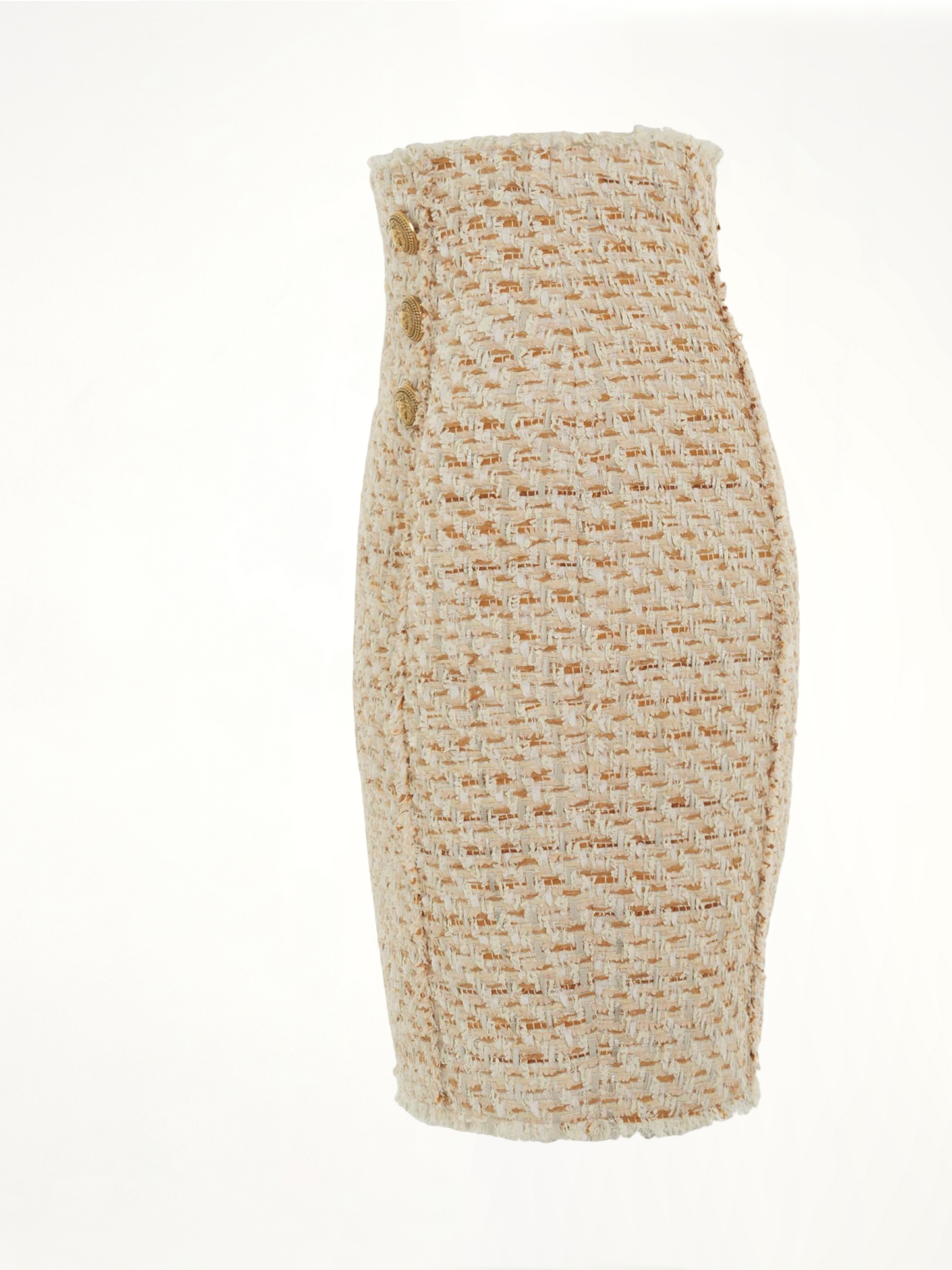 BALMAIN High Waisted 6 Button Tweed Short Skirt (Beige)