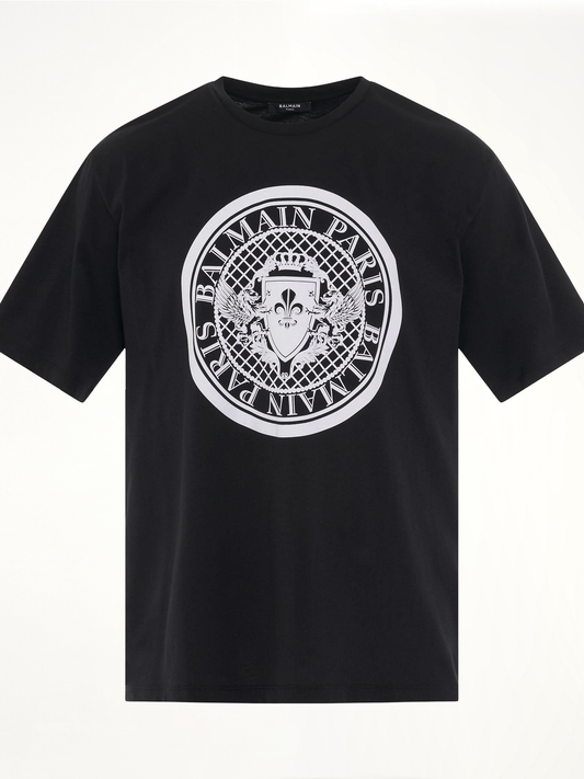 Image of T-Shirts. Product name - Coin Flock Straight Fit T-Shirt in Black colour by brand - BALMAIN