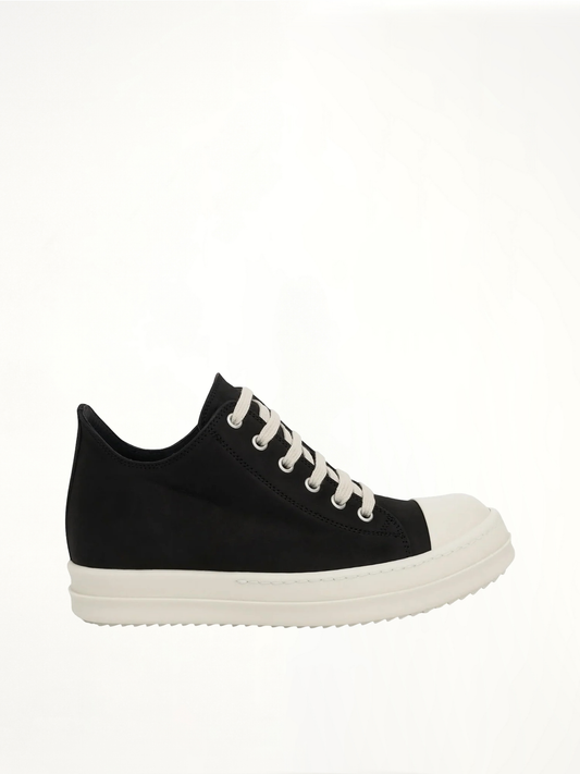 Image of Sneakers. Product name - Low Greywolf Leather Sneakers in Black colour by brand - RICK OWENS