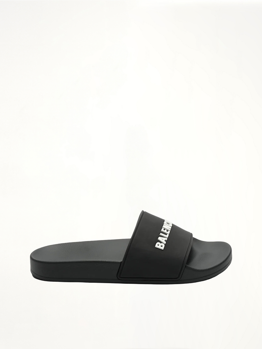 Image of Sandals. Productname: BALENCIAGA 3D Logo Pool Slide Sandal in Black colour by brand - BALENCIAGA