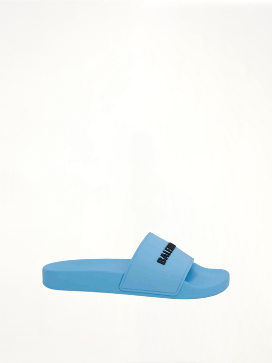 Image of Sandals. Productname: BALENCIAGA 3D Logo Pool Slide Sandal in BLUE colour by brand - BALENCIAGA