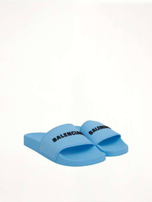 BALENCIAGA 3D Logo Pool Slide Sandal (Blue)